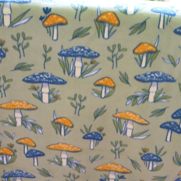 NEW HANDMADE FLEECE BLANKET THAT FEATURES A FIELD OF SAGE GREEN MUSHROOMS